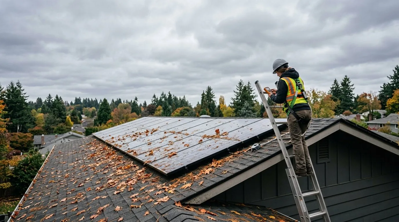Technician performing solar panel maintenance in Portland on a rooftop array covered with fall leaves and needles.