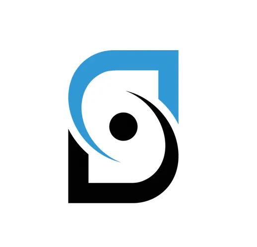Abstract black, white, and blue logo with a stylized eye and circular dot