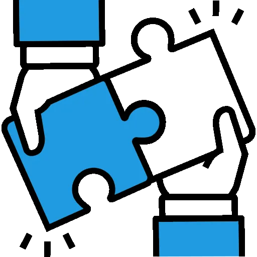 Hands fitting together blue and white puzzle pieces icon