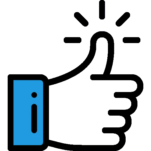 Blue-and-white thumbs-up icon with a raised hand and black accent lines