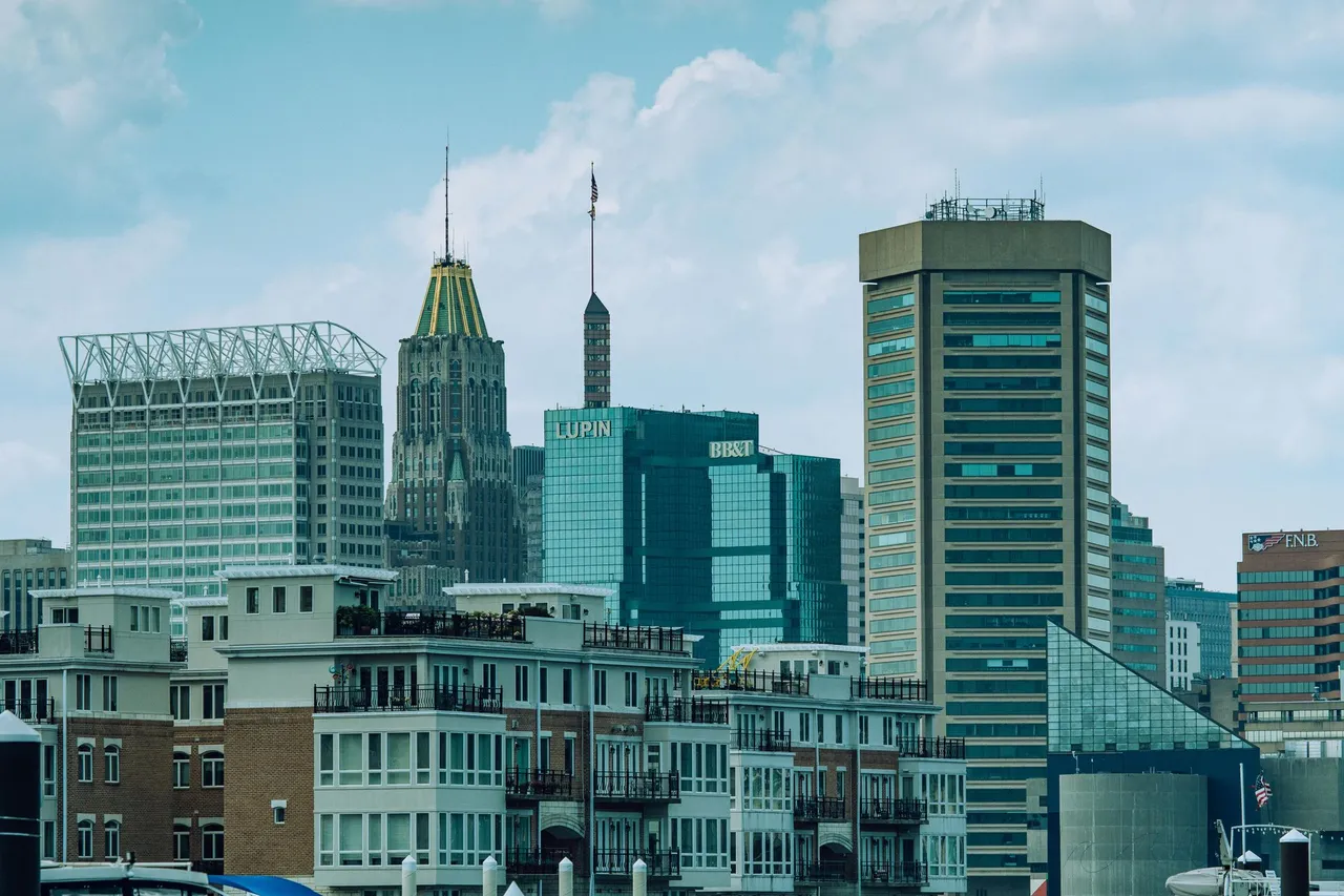City skyline with modern high-rise buildings under a cloudy blue sky
