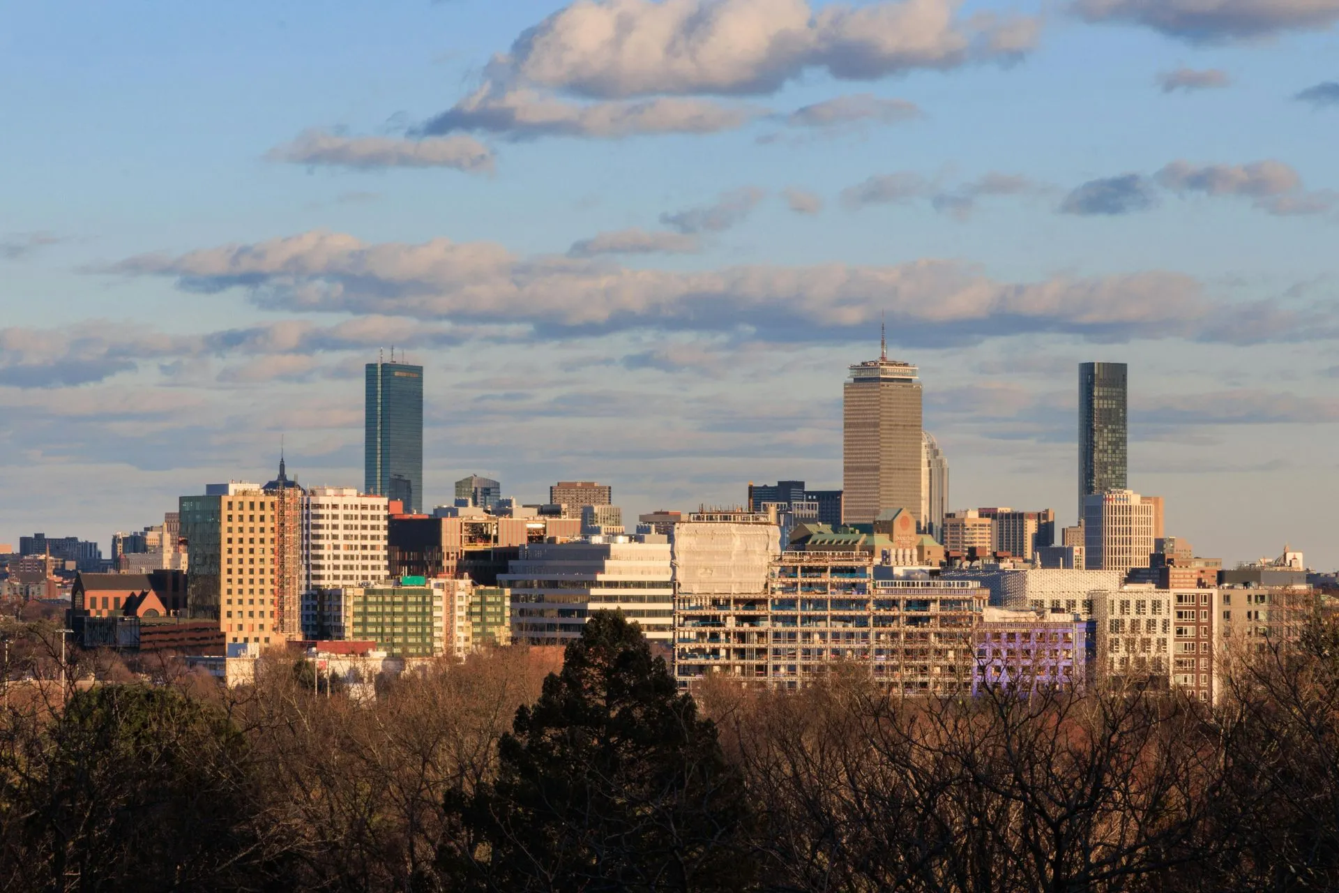 City skyline at sunset with mid-rise buildings, a tall tower, and bare trees in the foreground.