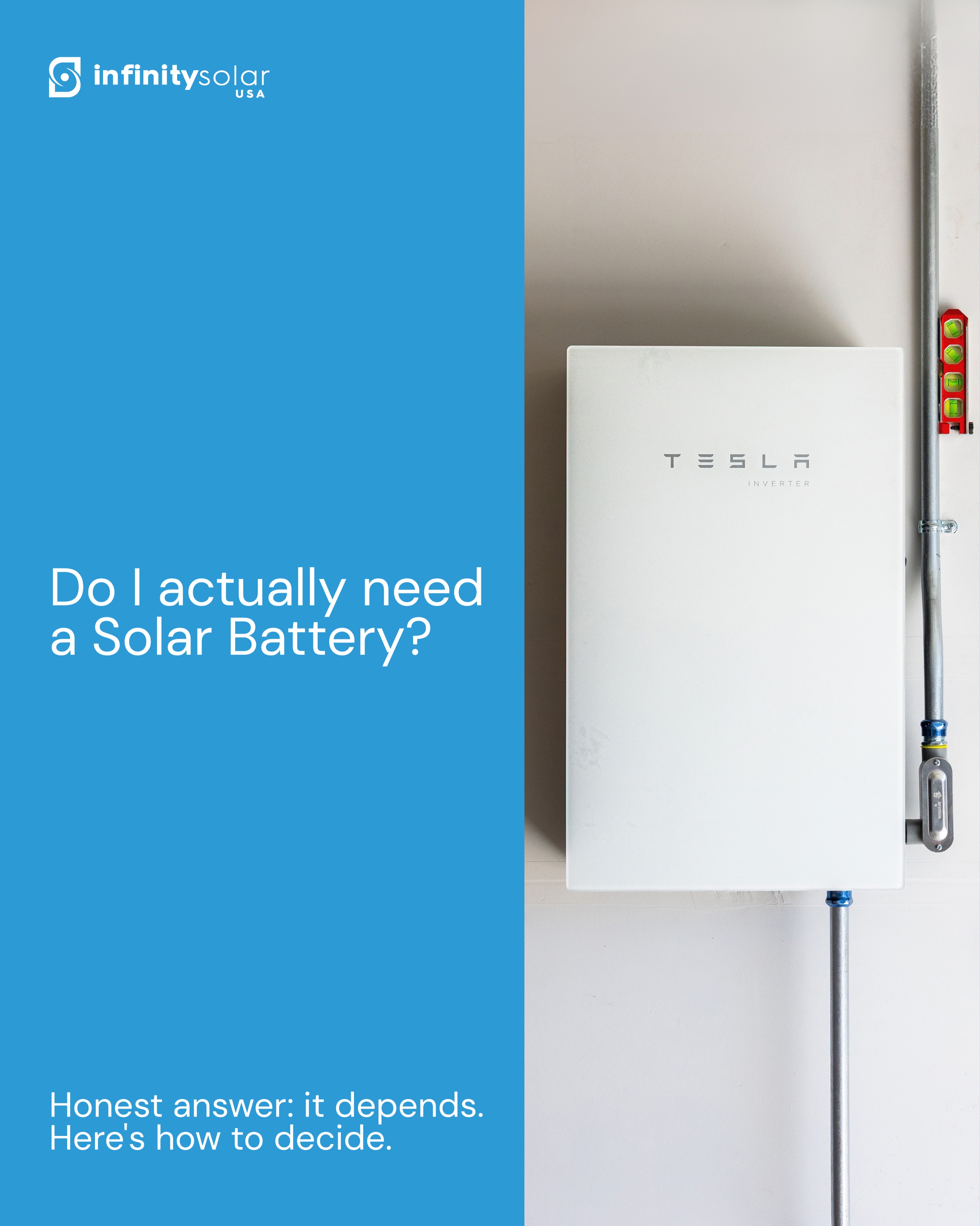 Let’s start with what a battery actually does. Your solar panels make the most power in the middle of the day, usually when you’re at work and not using much of it. A battery saves that extra energy so you can use it later, like at night, during the most expensive hours of the day, or when the power goes out.

And here’s the part a lot of people don’t find out until their first outage. Solar panels on their own usually shut off when the grid goes down. That’s a safety thing, so your system doesn’t send power onto the lines while crews are out fixing them. If you want your lights, fridge, or WiFi to keep running during an outage, a battery is what makes that possible.

So when is a battery worth it? It’s probably a good fit if: ✅ Your power goes out often ✅ Someone in your home relies on medical equipment ✅ Your utility charges more during evening peak hours ✅ Your utility pays you very little for the extra power you send back ✅ You want more control over your own energy

And when might you skip it? You might not need one right now if: ➖ Your power rarely goes out ➖ Your utility gives you full credit for the extra power you send back ➖ Your budget is tight and saving money is your main goal

The good news is that many systems can add a battery later. If you’re on the fence, ask whether your setup is battery ready so you have the option down the road.

We’ll never tell you that you need something you don’t. If you’re not sure which side you’re on, send us your electric bill and tell us how often your power goes out. 
We’ll give you a straight answer, even if that answer is “you don’t need one.” ☀️